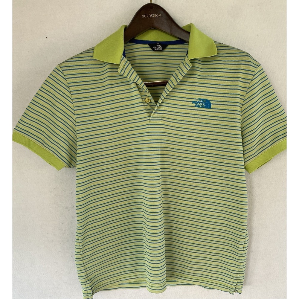 The North Face Lime Green Blue Striped Polo T Shirt Mens Medium Summer City